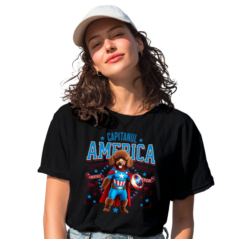 SuperEroi si Personaje TV - Tricou Femei, Barbati, Copii, Fata, Baiat, Unisex Personalizat Pudel în Costum Captain America cu Pelerină - Cadou Personalizat pentru Copii și Iubitorii de Câini