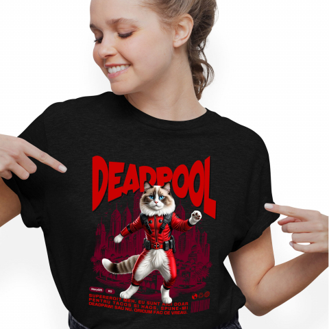 Tricouri - Tricou Femei, Barbati, Copii, Fata, Baiat, Unisex Personalizat Pisică Ragdoll în Costum Deadpool – Supererou Amuzant pentru Iubitorii de Pisici