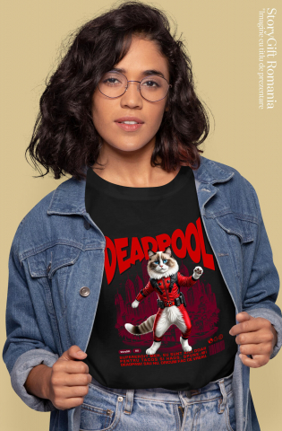 Tricou Femei, Barbati, Copii, Fata, Baiat, Unisex Personalizat Pisică Ragdoll în Costum Deadpool – Supererou Amuzant pentru Iubitorii de Pisici [1]