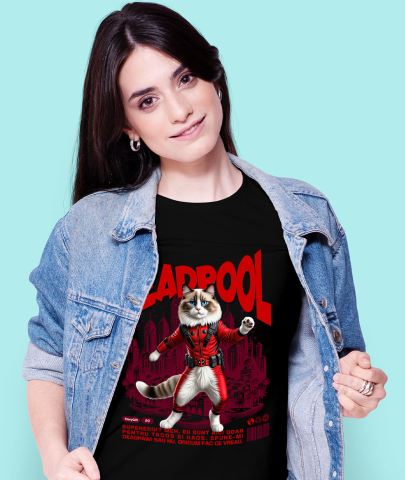 Tricou Femei, Barbati, Copii, Fata, Baiat, Unisex Personalizat Pisică Ragdoll în Costum Deadpool – Supererou Amuzant pentru Iubitorii de Pisici [1]