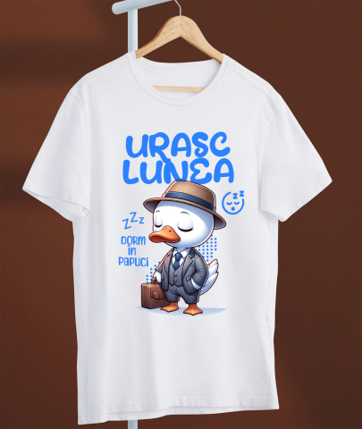 Tricou Femei, Barbati, Copii, Fata, Baiat, Unisex Personalizat Rata Albă Elegantă cu Costum și Servietă „Urăsc Lunea, Dorm în Papuci” - Cadou Haios [2]