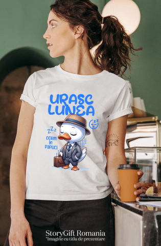 Tricou Femei, Barbati, Copii, Fata, Baiat, Unisex Personalizat Rata Albă Elegantă cu Costum și Servietă „Urăsc Lunea, Dorm în Papuci” - Cadou Haios [1]