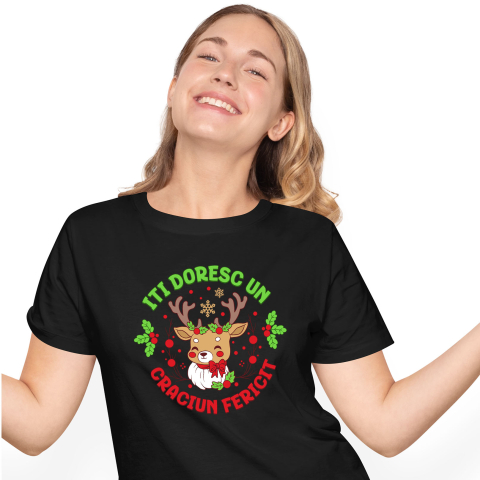 Tricou Femei, Barbati, Copii, Fata, Baiat, Unisex Personalizat Ren cu Coarne Lungi Impodobite - Îți Doresc Un Crăciun Fericit