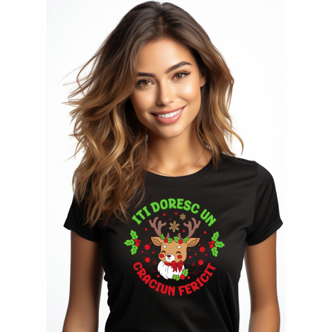 CRACIUN - Tricou Femei, Barbati, Copii, Fata, Baiat, Unisex Personalizat Ren cu Coarne Lungi Impodobite - Îți Doresc Un Crăciun Fericit