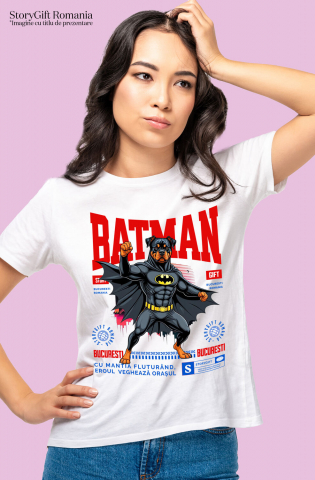 Tricou Femei, Barbati, Copii, Fata, Baiat, Unisex Personalizat Rottweiler În Costum de Batman – Câine Supererou pentru Copii și Iubitorii de Animale [1]