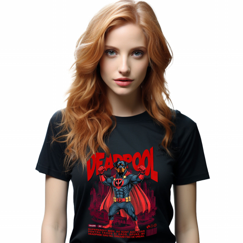 Tricouri - Tricou Femei, Barbati, Copii, Fata, Baiat, Unisex Personalizat Rottweiler în Costum Deadpool - Cadou Personalizat pentru Copii și Familie