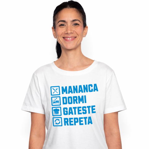 MANCARE - Tricou Femei, Barbati, Copii, Fata, Baiat, Unisex Personalizat Rutina zilnică „Mănâncă, dormi, gătește, repetă” – Cadou personalizat pentru iubitorii de gătit