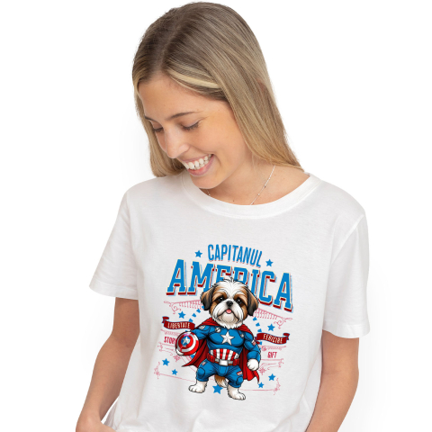 SuperEroi si Personaje TV - Tricou Femei, Barbati, Copii, Fata, Baiat, Unisex Personalizat Shih Tzu în Costum de Captain America cu Pelerină - Cadou Personalizat pentru Copii și Iubitorii de Câini