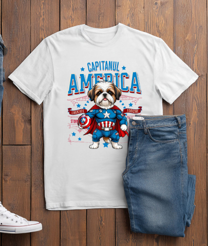 Tricou Femei, Barbati, Copii, Fata, Baiat, Unisex Personalizat Shih Tzu în Costum de Captain America cu Pelerină - Cadou Personalizat pentru Copii și Iubitorii de Câini [2]