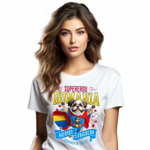 Tricouri - Tricou Femei, Barbati, Copii, Fata, Baiat, Unisex Personalizat Shih Tzu în Costum de Căpitan România – Cadou Personalizat pentru Iubitorii de Câini