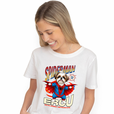 Tricou Femei, Barbati, Copii, Fata, Baiat, Unisex Personalizat Shih Tzu în Costum Spider-Man - Cadou Personalizat pentru Copii și Familie