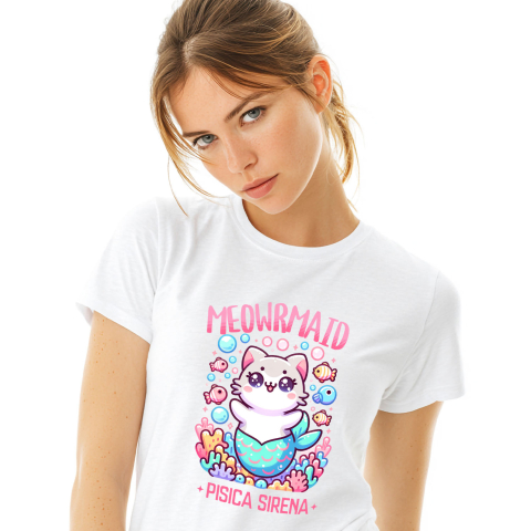 Tricou Femei, Barbati, Copii, Fata, Baiat, Unisex Personalizat Sirena Vesela Pisica Cu Coada Albastra – Cadou Personalizat Meowrmaid pentru Familie și Prieteni
