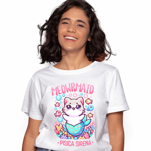 PISICI - Tricou Femei, Barbati, Copii, Fata, Baiat, Unisex Personalizat Sirena Vesela Pisica Cu Coada Albastra – Cadou Personalizat Meowrmaid pentru Familie și Prieteni