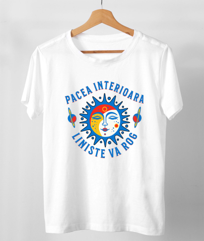 Tricou Femei, Barbati, Copii, Fata, Baiat, Unisex Personalizat Soare cu Chip Feminin și Planete Zburătoare - „Pacea Interioară, Liniște, Vă Rog” - Cadou Motivațional [2]