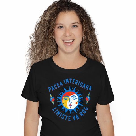 MIXED - Tricou Femei, Barbati, Copii, Fata, Baiat, Unisex Personalizat Soare cu Chip Feminin și Planete Zburătoare - „Pacea Interioară, Liniște, Vă Rog” - Cadou Motivațional