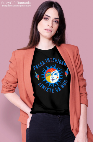 Tricou Femei, Barbati, Copii, Fata, Baiat, Unisex Personalizat Soare cu Chip Feminin și Planete Zburătoare - „Pacea Interioară, Liniște, Vă Rog” - Cadou Motivațional [1]