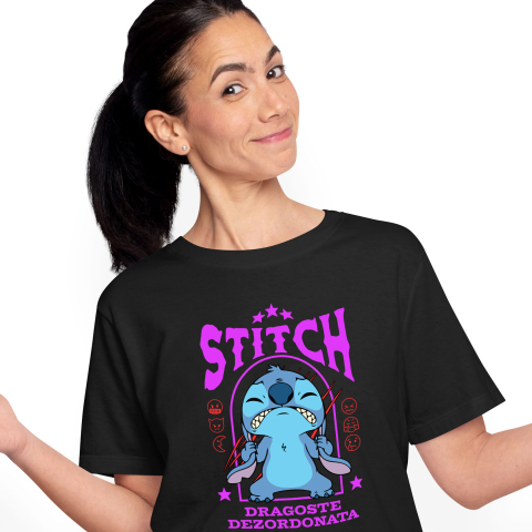 Tricouri - Tricou Femei cu Stitch si Momentele Sale Grele 100% Bumbac, Negru, XS