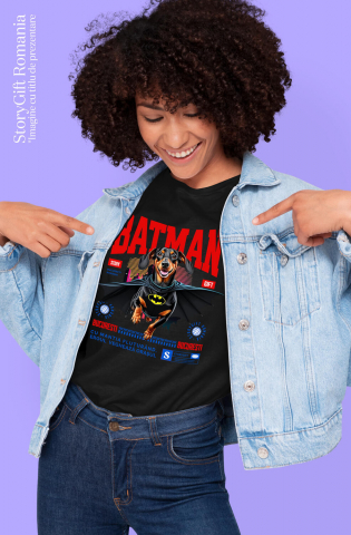 Tricou Femei, Barbati, Copii, Fata, Baiat, Unisex Personalizat Teckel În Costum de Batman – Câine Supererou pentru Copii și Iubitorii de Animale [1]