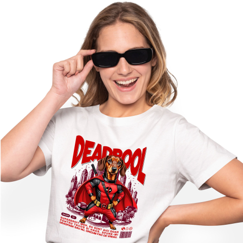 SuperEroi si Personaje TV - Tricou Femei, Barbati, Copii, Fata, Baiat, Unisex Personalizat Teckel / Dachshund în Costum Deadpool - Cadou Personalizat pentru Copii și Familie