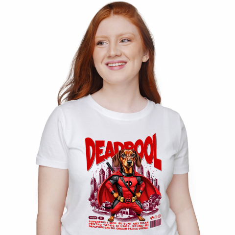 Tricou Femei, Barbati, Copii, Fata, Baiat, Unisex Personalizat Teckel / Dachshund în Costum Deadpool - Cadou Personalizat pentru Copii și Familie