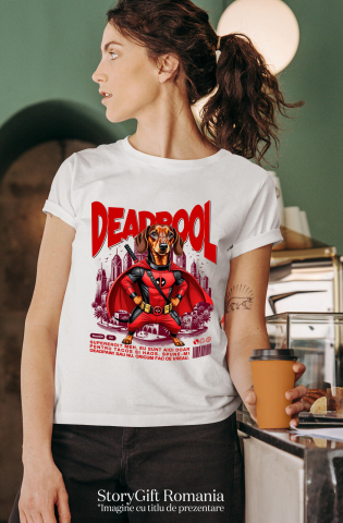 Tricou Femei, Barbati, Copii, Fata, Baiat, Unisex Personalizat Teckel / Dachshund în Costum Deadpool - Cadou Personalizat pentru Copii și Familie [1]