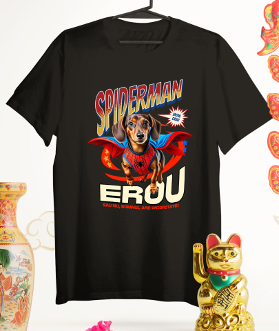 Tricou Femei, Barbati, Copii, Fata, Baiat, Unisex Personalizat Teckel (Dachshund) în Costum Spider-Man - Cadou Personalizat pentru Copii și Familie [2]