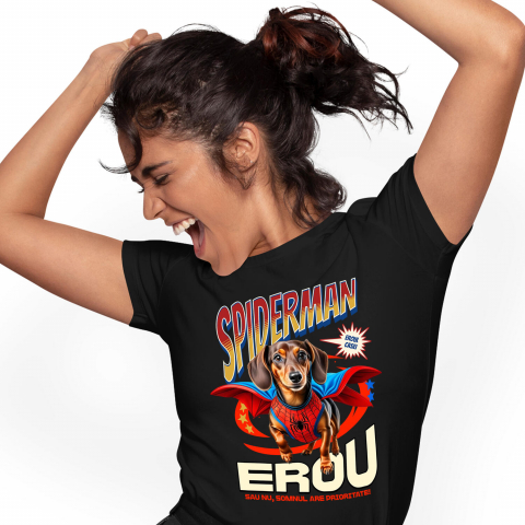 Tricouri - Tricou Femei, Barbati, Copii, Fata, Baiat, Unisex Personalizat Teckel (Dachshund) în Costum Spider-Man - Cadou Personalizat pentru Copii și Familie