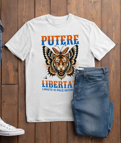 Tricou Femei, Barbati, Copii, Fata, Baiat, Unisex Personalizat Tigru Furios cu Colți și Aripi de Fluture - Putere și Libertate Motivatională pentru Cadouri Personalizate [2]
