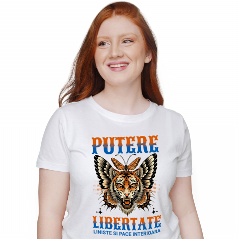 Tricouri - Tricou Femei, Barbati, Copii, Fata, Baiat, Unisex Personalizat Tigru Furios cu Colți și Aripi de Fluture - Putere și Libertate Motivatională pentru Cadouri Personalizate