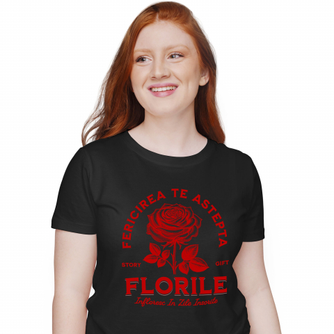 Tricou Femei, Barbati, Copii, Fata, Baiat, Unisex Personalizat Trandafir Roșu și Mesaj de Fericire | Cadou Romantic cu Flori Înflorite