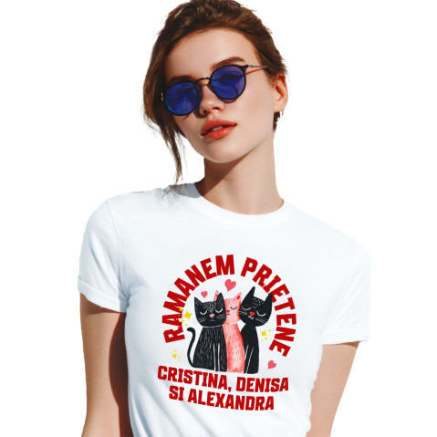 Tricou Femei, Barbati, Copii, Fata, Baiat, Unisex Personalizat Cadouri personalizate – Portret cu trei pisici pentru Cristina, Denisa și Alexandra