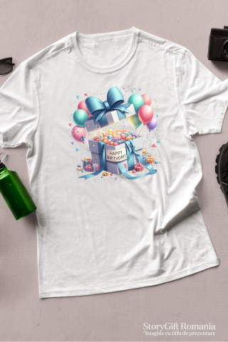 Tricou Femei cu un cadou deschis cu mesajul "Happy birthday", ilustratie, multe bomboane si baloane, la multi ani, fericire, aniversare,  cu imprimeu pe Fata, 100% Bumbac, Alb, XS [2]