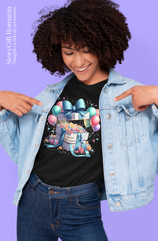 Tricou Femei cu un cadou deschis cu mesajul "Happy birthday", ilustratie, multe bomboane si baloane, la multi ani, fericire, aniversare,  cu imprimeu pe Fata, 100% Bumbac, Negru, XL [1]