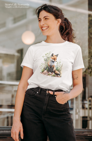 Tricou Femei cu un pui de vulpe, ilustratie, in natura, plante, ierburi, curios, vesel, pentru iubitorii de animale,  cu imprimeu pe Fata, 100% Bumbac, Alb, XL [1]