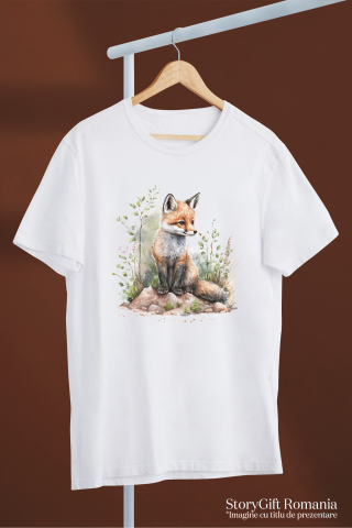Tricou Femei cu un pui de vulpe, ilustratie, in natura, plante, ierburi, curios, vesel, pentru iubitorii de animale,  cu imprimeu pe Fata, 100% Bumbac, Alb, XL [2]
