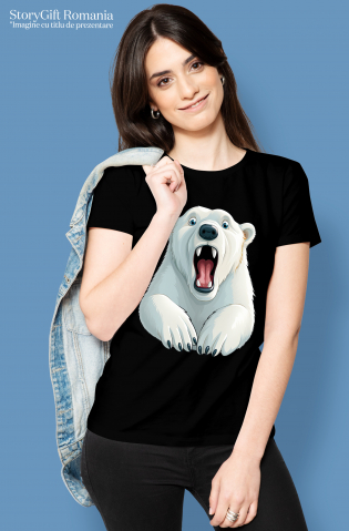 Tricou Femei cu un urs polar socat, ilustratie, a ramas cu gura cascata, nu ii vine sa creada, surprins,  cu imprimeu pe Fata, 100% Bumbac, Negru, XS [1]