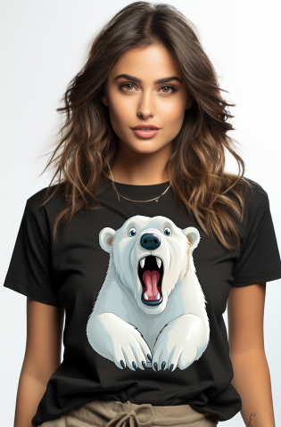 Femei - Marimea XS - Tricou Femei cu un urs polar socat, ilustratie, a ramas cu gura cascata, nu ii vine sa creada, surprins,  cu imprimeu pe Fata, 100% Bumbac, Negru, XS