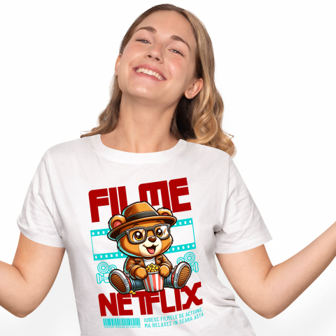 Tricouri - Tricou Femei, Barbati, Copii, Fata, Baiat, Unisex Personalizat Urs Brun cu Ochelari și Popcorn - Cadouri Personalizate pentru Copii și Familie, Cinema