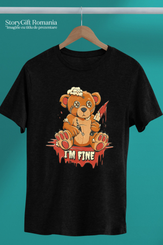 Tricou Femei Cu Ursulet De Plus Ranit Taiat Cu Un Cutit Cu Sange, Text In Engleza I'm Fine, Iubitorii De anime Multicolor  cu imprimeu pe Fata, 100% Bumbac, Negru, M [1]