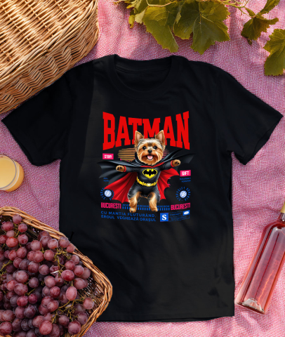 Tricou Femei, Barbati, Copii, Fata, Baiat, Unisex Personalizat Yorkshire Terrier În Costum de Batman – Câine Supererou pentru Copii și Iubitorii de Animale [2]