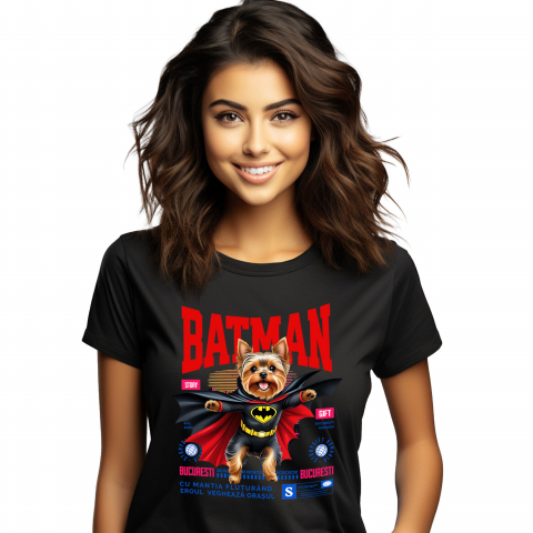 Tricouri - Tricou Femei, Barbati, Copii, Fata, Baiat, Unisex Personalizat Yorkshire Terrier În Costum de Batman – Câine Supererou pentru Copii și Iubitorii de Animale