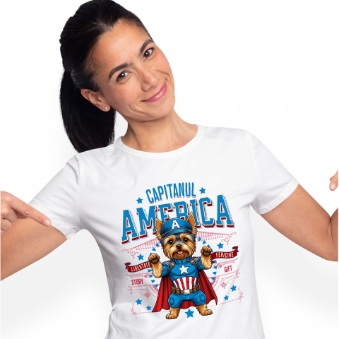 Tricouri - Tricou Femei, Barbati, Copii, Fata, Baiat, Unisex Personalizat Yorkshire Terrier în Costum Captain America cu Pelerină - Cadou Personalizat pentru Copii și Iubitorii de Câini