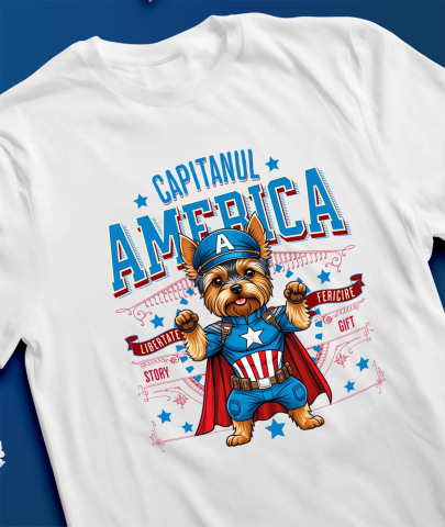 Tricou Femei, Barbati, Copii, Fata, Baiat, Unisex Personalizat Yorkshire Terrier în Costum Captain America cu Pelerină - Cadou Personalizat pentru Copii și Iubitorii de Câini [2]