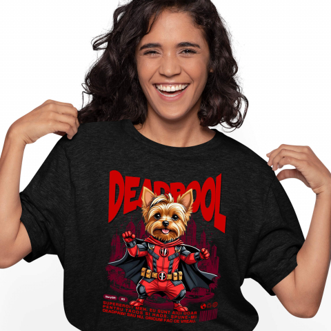 Tricouri - Tricou Femei, Barbati, Copii, Fata, Baiat, Unisex Personalizat Yorkshire Terrier în Costum Deadpool - Cadou Personalizat pentru Copii și Familie