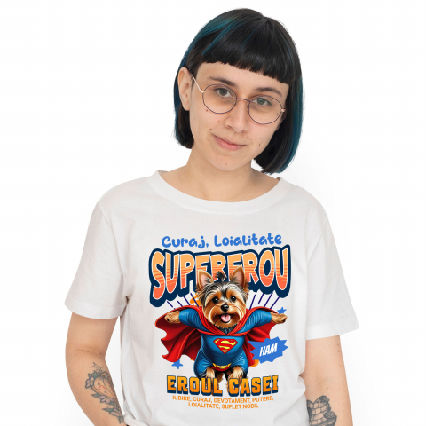 Tricouri - Tricou Femei, Barbati, Copii, Fata, Baiat, Unisex Personalizat Yorkshire Terrier în Costum de Superman – Produse Personalizate pentru Familie și Copii
