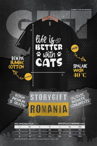 Tricou Femei pentru iubitorii de pisici cu mesajul in limba engleza "Life is better with cats" - mai bine cu pisici cu imprimeu pe Fata, 100% Bumbac, Negru, L [1]