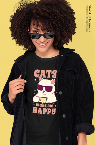 Tricou Femei Personalizata Pentru Iubitorii de Pisici cu Mesajul in Engleza Cats Make Me Happy cu imprimeu pe Fata, 100% Bumbac, Negru, L [1]
