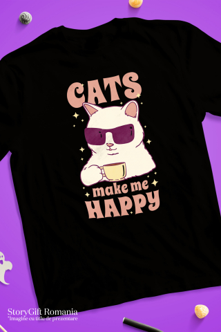 Tricou Femei Personalizata Pentru Iubitorii de Pisici cu Mesajul in Engleza Cats Make Me Happy cu imprimeu pe Fata, 100% Bumbac, Negru, L [2]