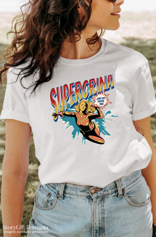 Tricou Femei Super Crina, SuperErou Sunt Aici Pentru Tine,  cu imprimeu pe Fata, 100% Bumbac, Alb, M [1]