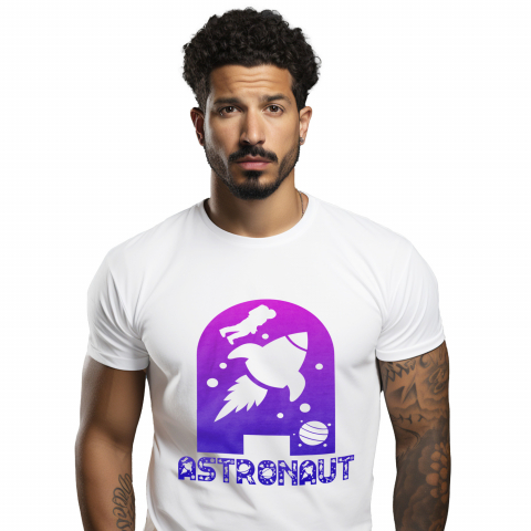 Cadouri Pentru Copii - Tricou Personalizat Barbati Pentru Iubitorii De Astronomie, Racheta astronaut, Text Nume Personalizat, Multicolor, Alb, 100% Bumbac, Marime XS